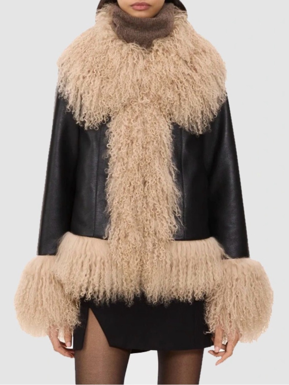 Charlotte Simone Faux Leather and Beige fur trim iconic Iggy Coat